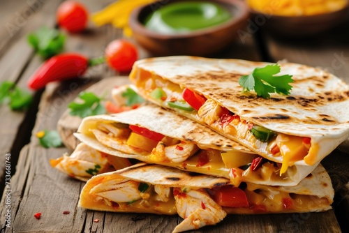 mexican quesadillas with chicken, cheese and peppers, copy space