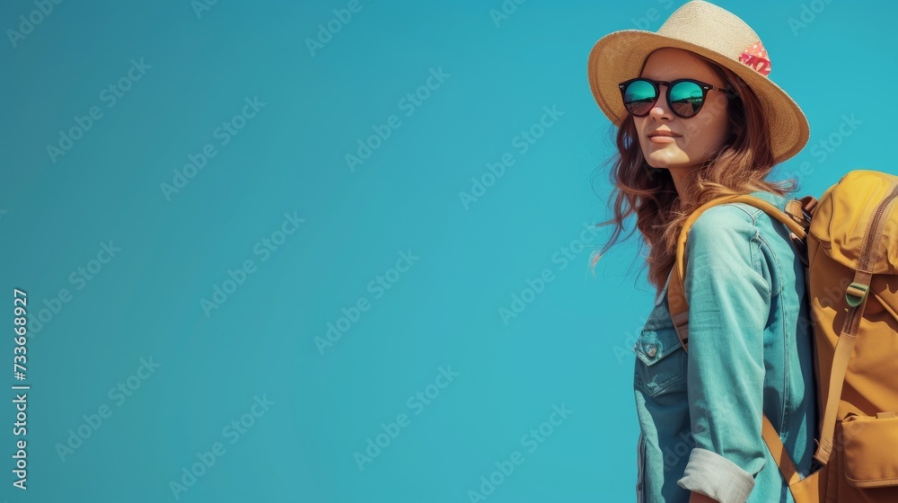 A happy young tourist woman wearing a beach hat, sunglasses, and backpack is going to travel on holidays on a blue sky background.