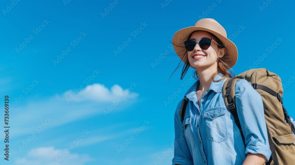 A happy young tourist woman wearing a beach hat, sunglasses, and backpack is going to travel on holidays on a blue sky background. A happy young tourist woman wearing a beach hat, sunglasses, and backpack is going to travel on holidays on a blue sky background.