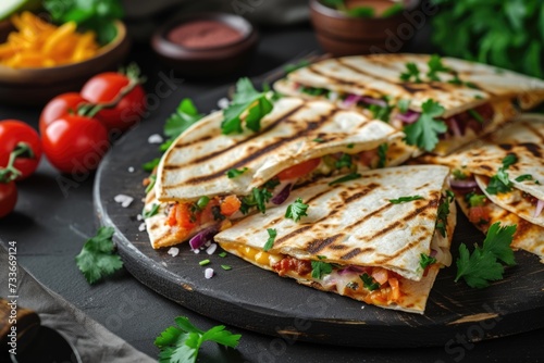 mexican quesadillas with chicken, cheese and peppers, copy space