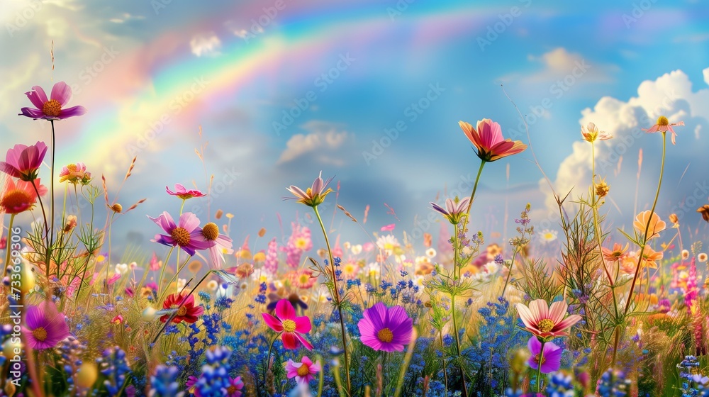 photo close up beautiful meadow with colorful spring flowers and a beautiful rainbow in the sky