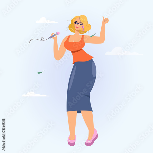 An illustration of a young beautiful girl singing a song into a microphone. an isolated vector on a light background. Pop star