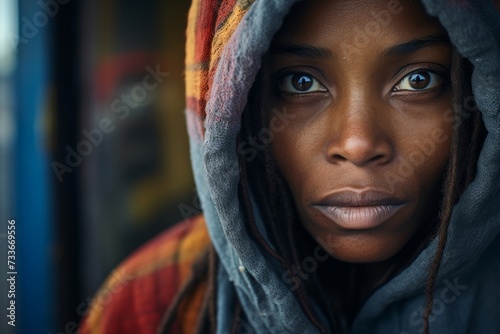 Homeless woman, 35 years old, African-American, standing near a local shelter, her eyes reflecting hope for a brighter tomorrow. photo