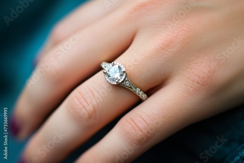  Photo of the ring finger with a vintage engagement ring, the girl's excited face softly out of focus behind