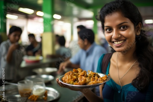  Photograph a 18-year-old Indian woman savoring a dish of pav bhaji at a lively food court in Pune