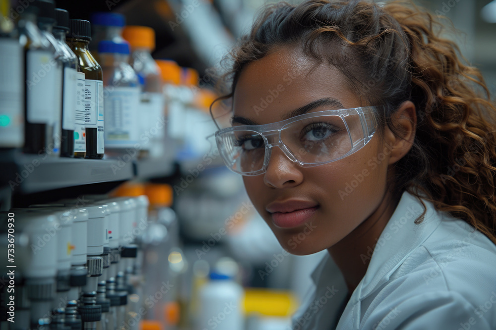 A young chemist with curly hair peers closely at a shelf of chemical bottles, her safety goggles reflecting the complex world of substances she's immersed in. A young chemist with curly hair peers closely at a shelf of chemical bottles, her safety goggles reflecting the complex world of substances she's immersed in.