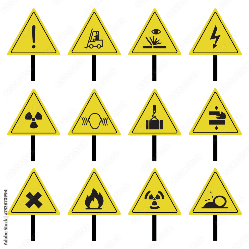 set of safety warning signs in yellow with white background set of safety warning signs in yellow with white background