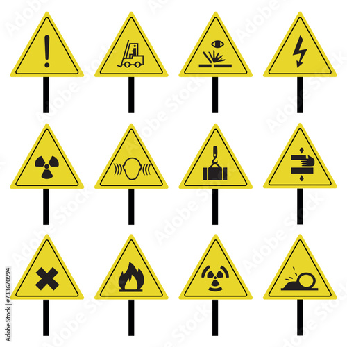 set of safety warning signs in yellow with white background