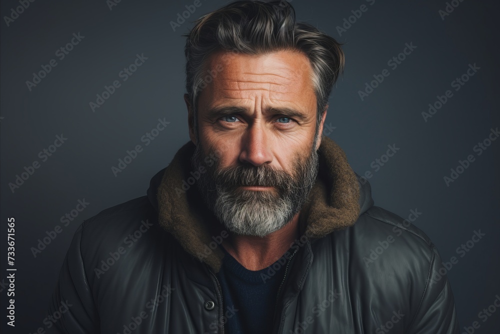 Portrait of a handsome mature man with long gray beard and moustache in a black jacket. Men's beauty, fashion.