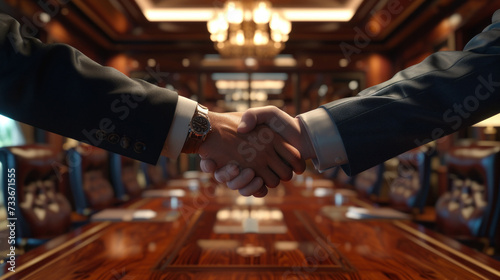 two business people shaking hand after business job meeting in meeting room at office company background, partnership, negotiation, investor, success, partner, teamwork, financial, connection concept