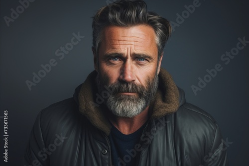 Portrait of a handsome mature man with long gray beard and moustache in a black jacket. Men's beauty, fashion. © Iigo