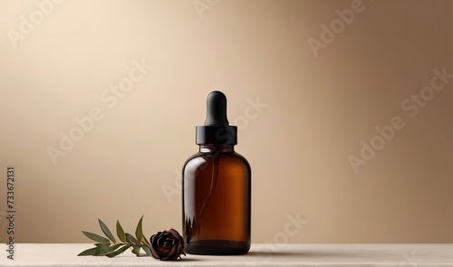 A dark bottle of liquid or oil without a label with a place for an inscription or logo on a beautiful beige background with decorative accessories