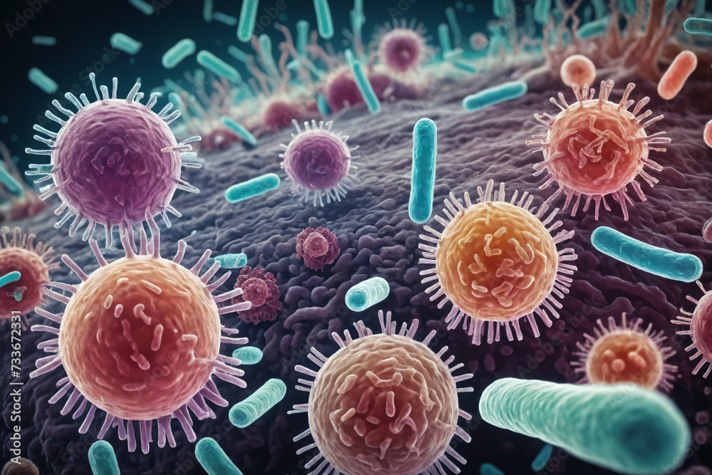 A diverse array of bacteria and viruses shown in a vivid microscopic view, highlighting the complexity of microorganisms in a scientific context A diverse array of bacteria and viruses shown in a vivid microscopic view, highlighting the complexity of microorganisms in a scientific context