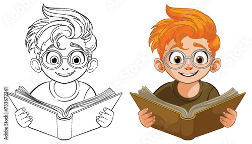 Colorful and black-and-white images of a reading boy