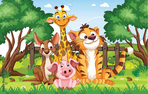 Fototapeta Naklejka Na Ścianę i Meble -  Cartoon animals smiling together in a green park
