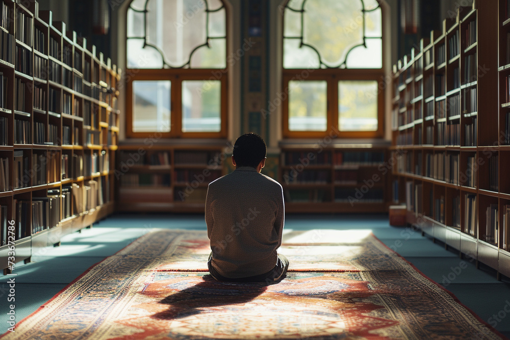 Muslim student studying and praying on a prayer rug in a quiet corner of a library or educational institution, highlighting the importance of faith in academic pursuits Muslim student studying and praying on a prayer rug in a quiet corner of a library or educational institution, highlighting the importance of faith in academic pursuits