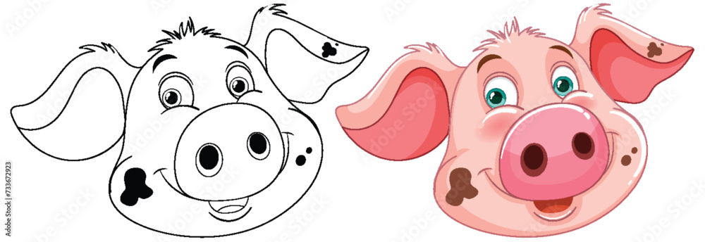 Two cow heads, one outlined, one colored.
