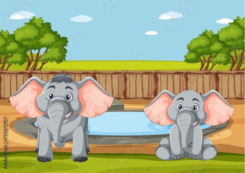 Two cartoon elephants near a small pond