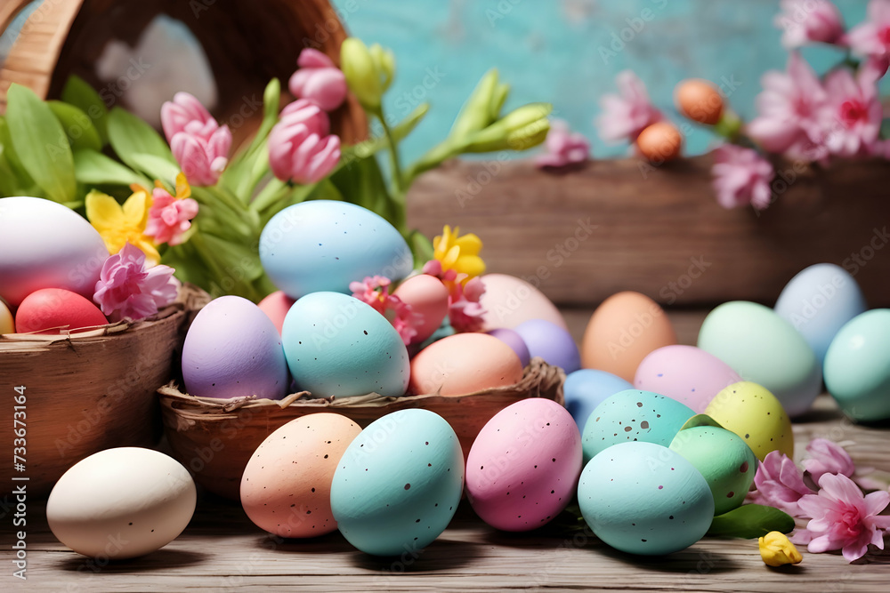 Spring concept. Colorful background of Easter with colored eggs on a wooden table with copy space