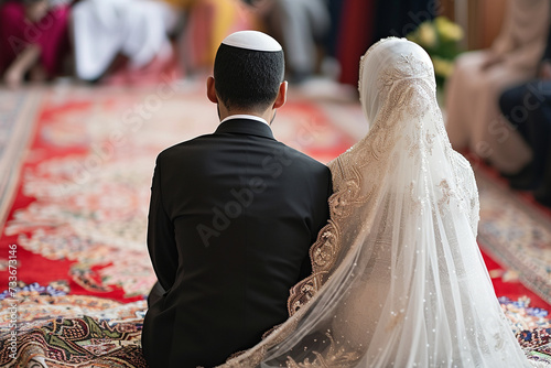 Muslim bride and groom kneeling on a prayer rug during their wedding ceremony, symbolizing the importance of faith in marriage and family life photo