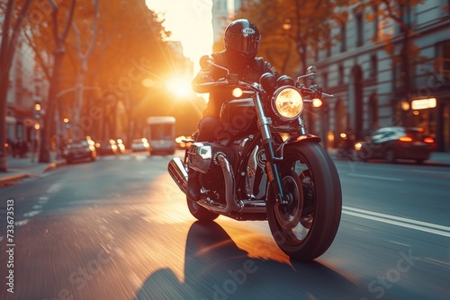 A biker in black attire and a full-face helmet maneuvers a classic motorcycle on an urban road bathed in sunset's golden light, with autumn trees lining the way.
