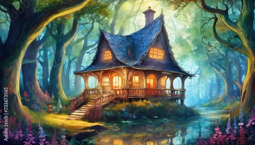 halloween landscape with castle, cozy little house in a magical woods on the pages of a fairy tale book