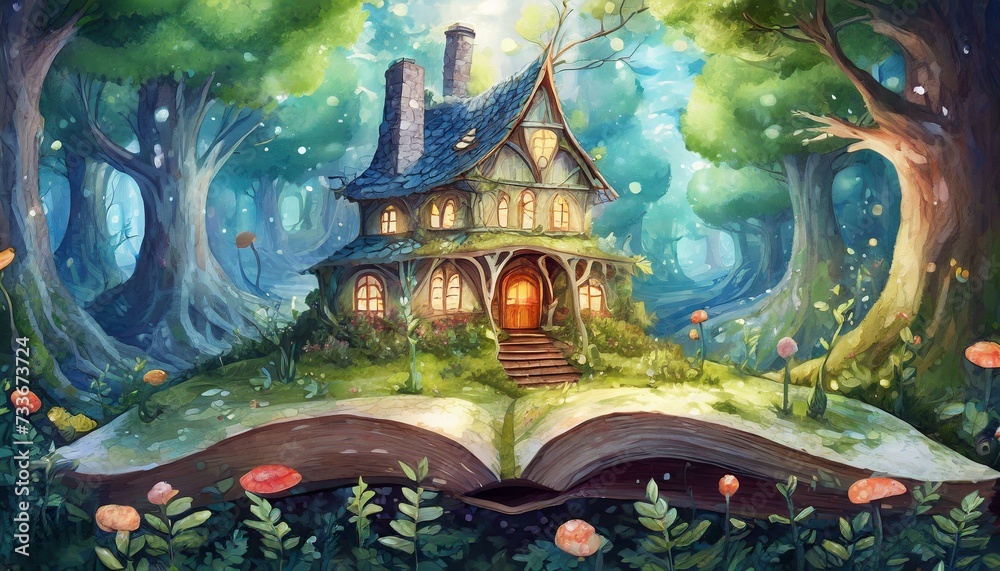 fairy tale castle in forest, cozy little house in a magical woods on the pages of a fairy tale book