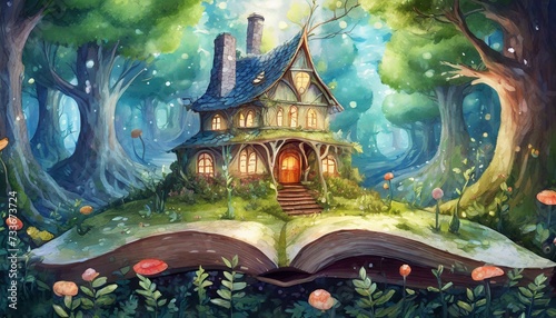fairy tale castle in forest, cozy little house in a magical woods on the pages of a fairy tale book © Bilawl