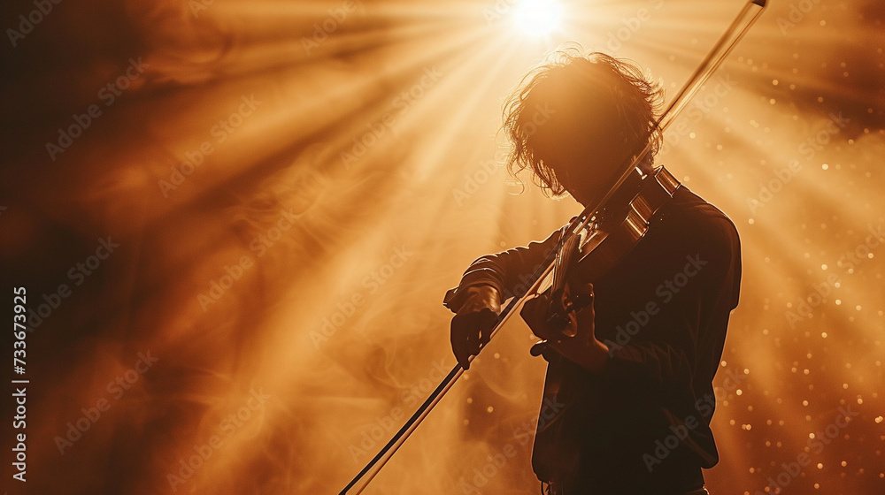 Fototapeta premium silhouette of man playing violin, concert and stage lights yellow background