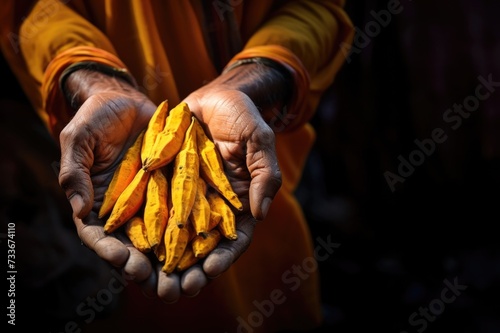 A close up of hands holding turmeric roads over on black background  photo