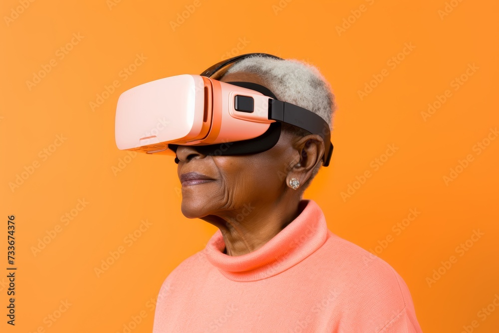 75-year-old African American woman wearing wireless VR glasses against a solid pastel orange background with copy space, his face illuminated with a sense of wonder as he interacts with virtual eleme 75-year-old African American woman wearing wireless VR glasses against a solid pastel orange background with copy space, his face illuminated with a sense of wonder as he interacts with virtual eleme