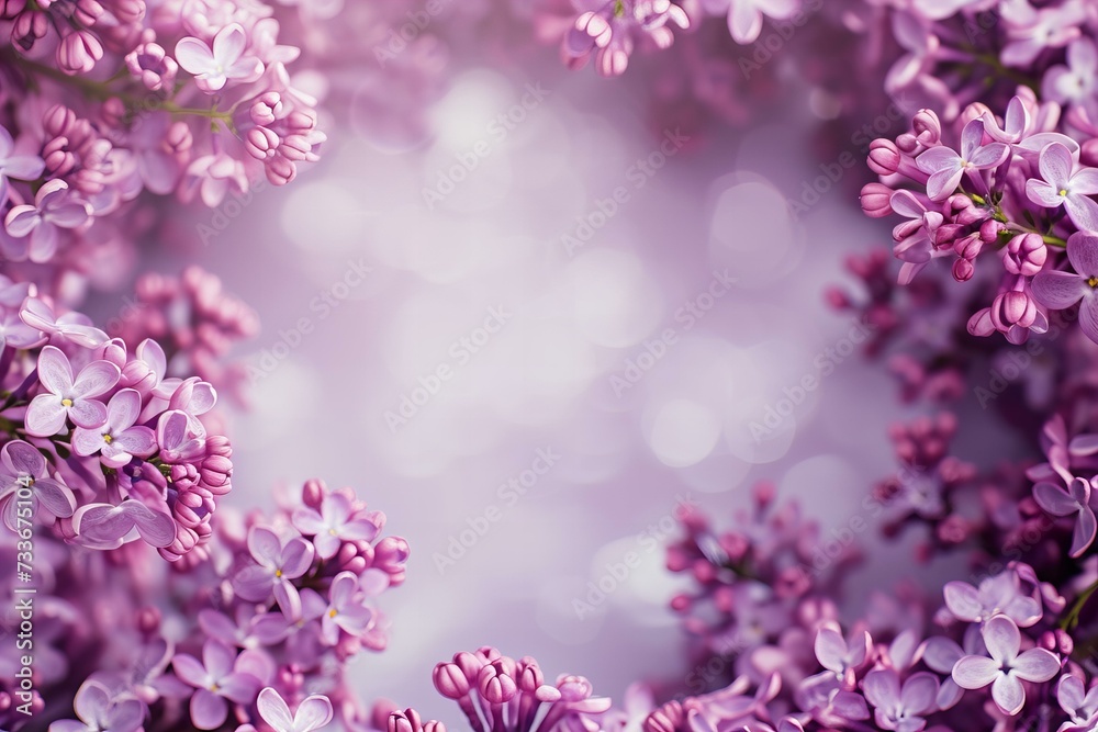 lilac flower frame on a pastel purple bokeh background
