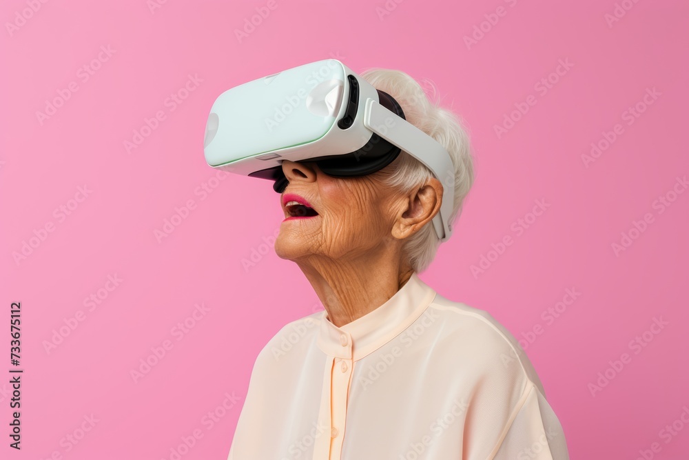 80-year-old Caucasian woman wearing wireless VR glasses against a solid pastel background with copy space, his face displaying a serene expression as he navigates through virtual reality 80-year-old Caucasian woman wearing wireless VR glasses against a solid pastel background with copy space, his face displaying a serene expression as he navigates through virtual reality