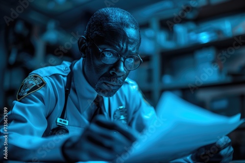 An African American police chief with glasses reviews documents, bathed in a blue light that underscores the gravity of his work. His focused expression reflects the weight of his responsibilities. photo