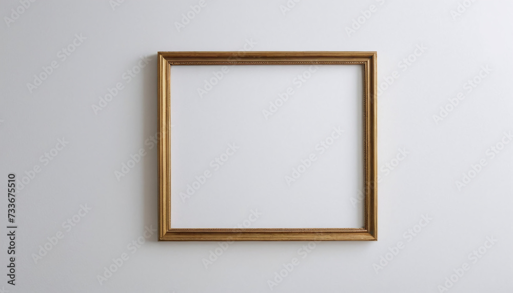 An elegant, empty gold frame on a plain white wall, highlighting simplicity and potential for creativity. An elegant, empty gold frame on a plain white wall, highlighting simplicity and potential for creativity.
