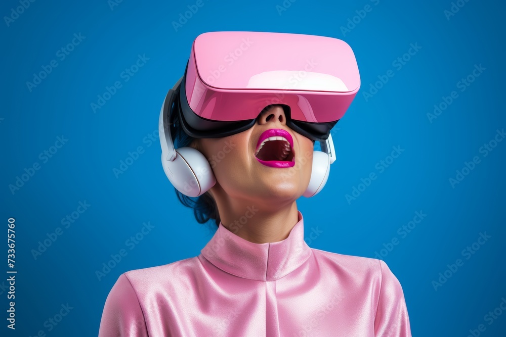 Close-up portrait of a woman wearing wireless VR glasses, her expression filled with wonder and excitement as she explores a virtual world Close-up portrait of a woman wearing wireless VR glasses, her expression filled with wonder and excitement as she explores a virtual world