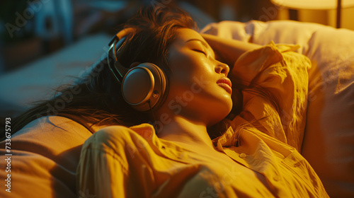 A Chinese woman reclines on a couch, immersed in music through headphones, enveloped in warm golden light as she dozes off