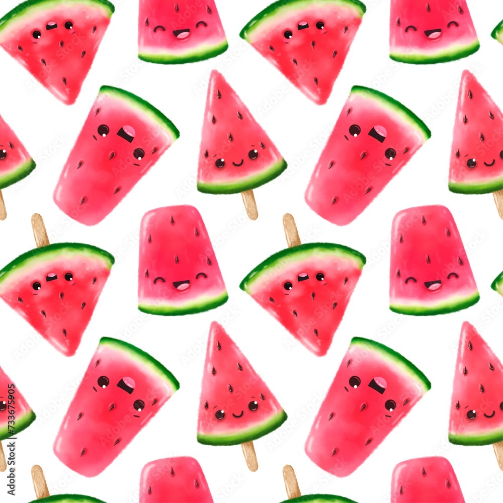 Seamless pattern with cute watermelon slices, delicious dessert, summer pattern in watercolor style. Seamless pattern with cute watermelon slices, delicious dessert, summer pattern in watercolor style.