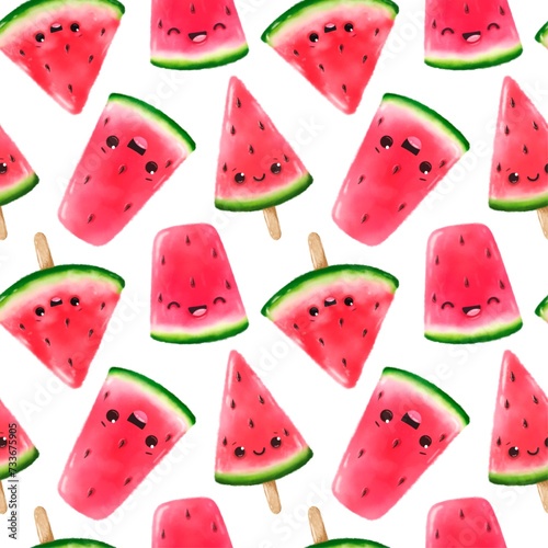 Seamless pattern with cute watermelon slices, delicious dessert, summer pattern in watercolor style.