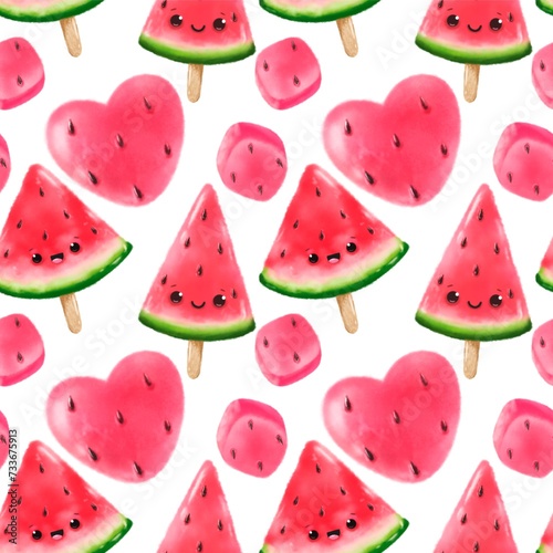 Seamless pattern with cute watermelon slices, delicious dessert, summer pattern in watercolor style.