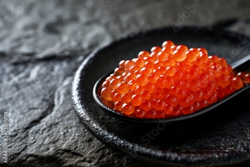 Elegant Presentation Of Red Caviar On A Black Plate Accompanied By A Black Spoon On A Stone Table