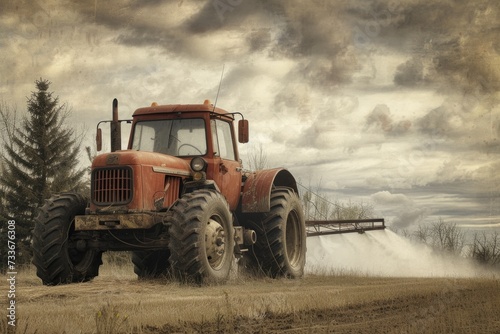 Contemporary Tractor Evenly Distributing Pesticides Over Picturesque Rustic Countryside