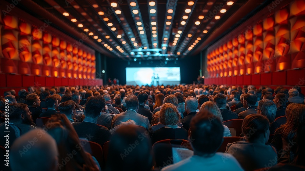 © Nadzeya - Auditorium with Red Lighting Business Conference Attendees Watching Presentation on Large Screen