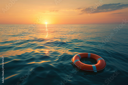 The Symbolic Significance Of A Lifebuoy Floating At Sunset On The Open Sea: Hope, Safety, And Rescue © Anastasiia