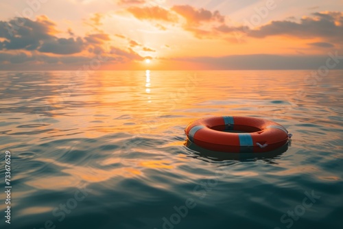 Lifebuoy Symbolizes Hope, Safety, And Rescue As It Floats On The Open Sea During Sunset