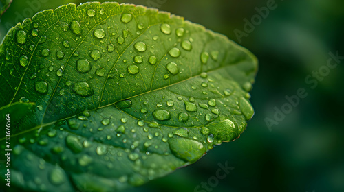 Raindrops on Vibrant Green Leaf with Visible Veins in Natural Light and Blurry Background