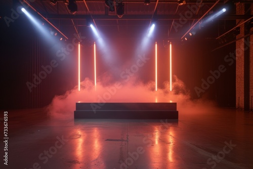 Aesthetic Product Display: Minimalist Stage Set With Neon Lights, Spotlights, Concrete Floor, And Atmospheric Smoke