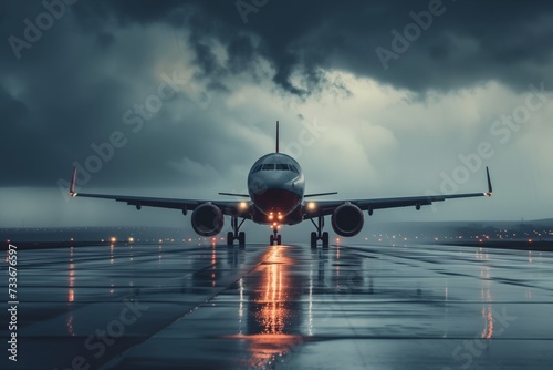 Plane On Wet Runway, Its Silhouette Outlined Against Stormy Skies