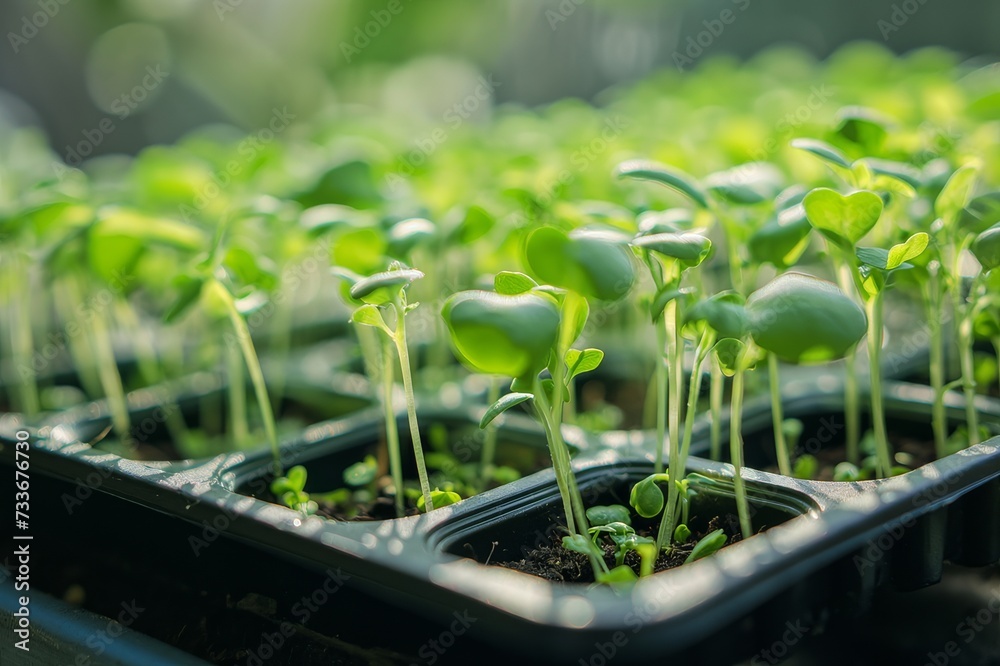 Green seedlings in black tray, well-lit with warm tone. Perfect for gardening concepts. Green seedlings in black tray, well-lit with warm tone. Perfect for gardening concepts.