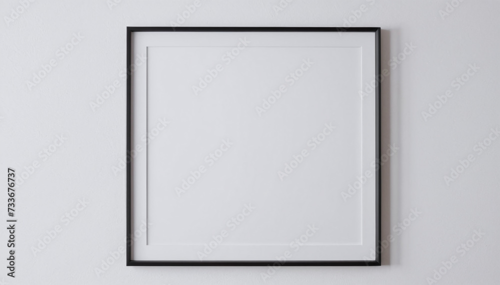 Minimalistic empty white frame with a black border hangs on a plain white wall, showcasing a clean and modern aesthetic. Minimalistic empty white frame with a black border hangs on a plain white wall, showcasing a clean and modern aesthetic.